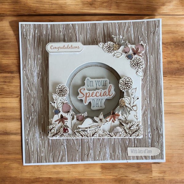 Layered Decoupage Congratulations Card “On Your Special Day”. Floral Woodland.