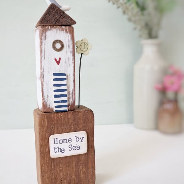 Tall Wooden Sea Hut with Clay Flower and Seagull 'Home by the Sea'