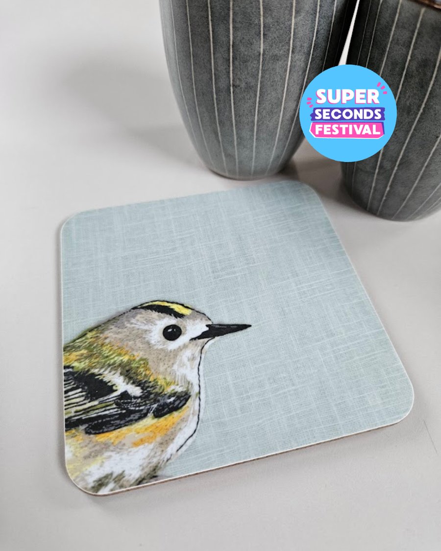 'Peeking' Goldcrest coaster, garden bird mat, Super Seconds Festival