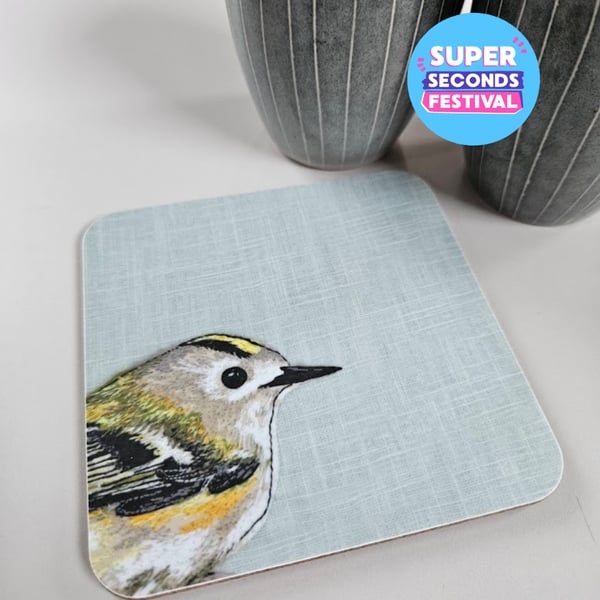 'Peeking' Goldcrest coaster, garden bird mat, Super Seconds Festival
