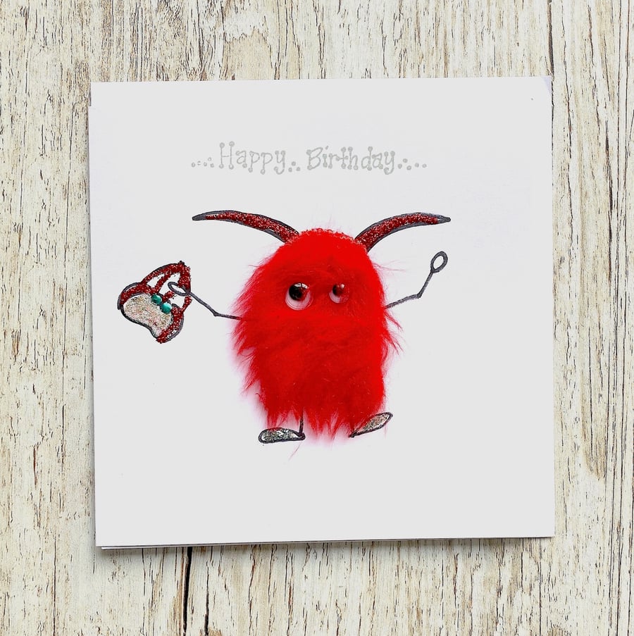 Birthday card - red fashionista mini monster 
