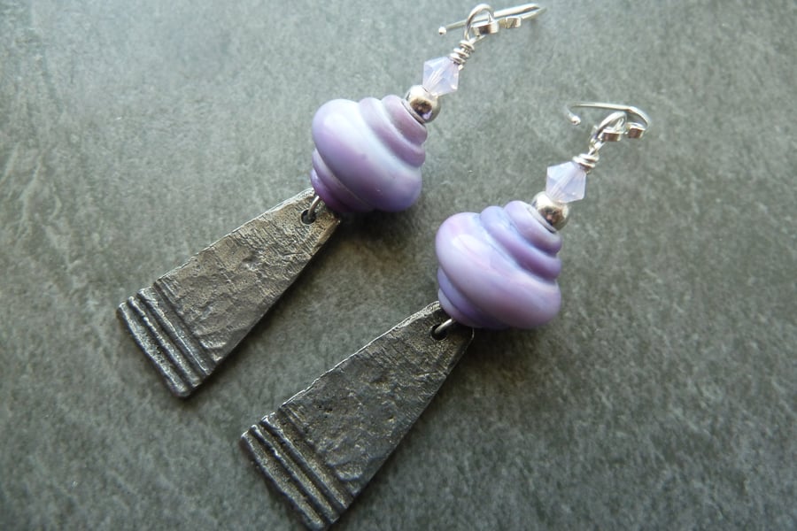 sterling silver, purple lampwork and pewter earrings