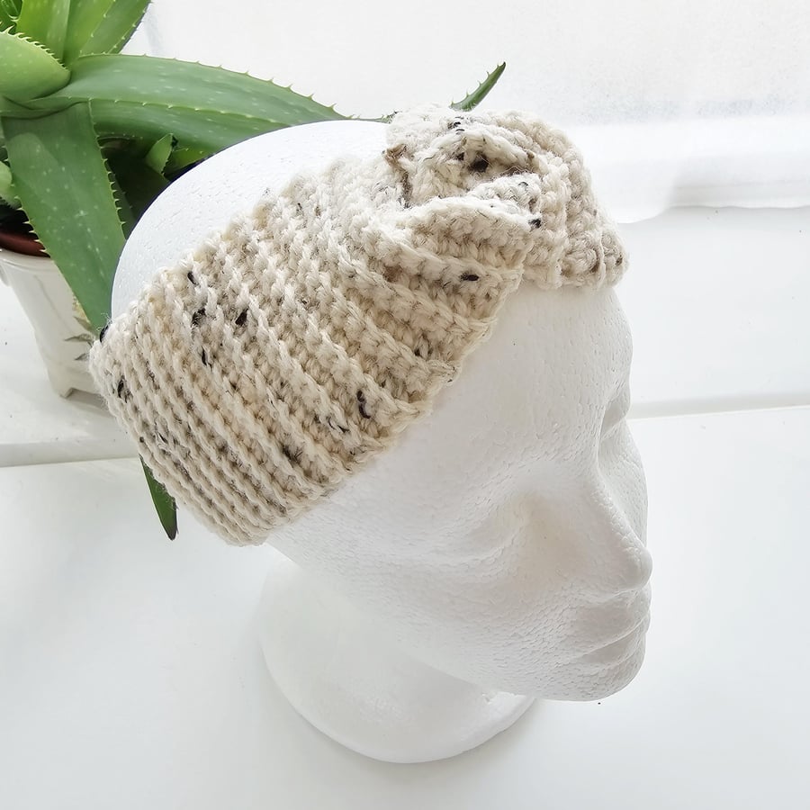 Cream Fleck Ear Warmer, Crochet Twisted Headband