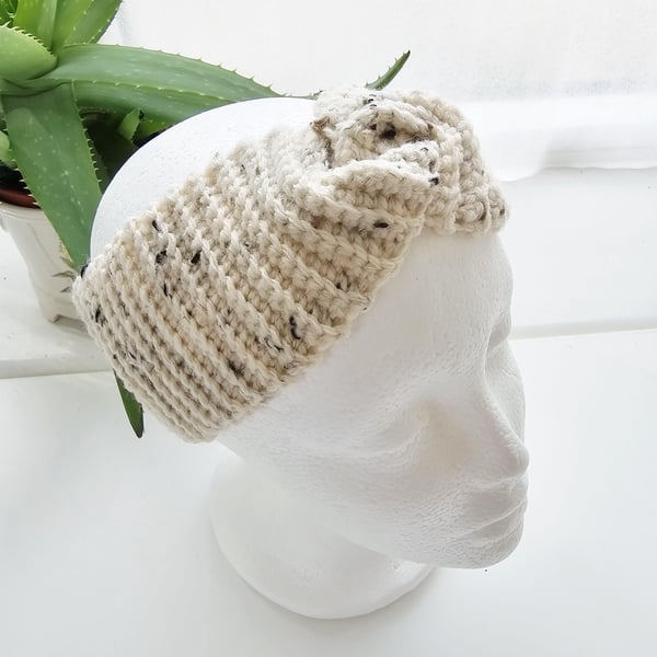Cream Fleck Ear Warmer, Crochet Twisted Headband
