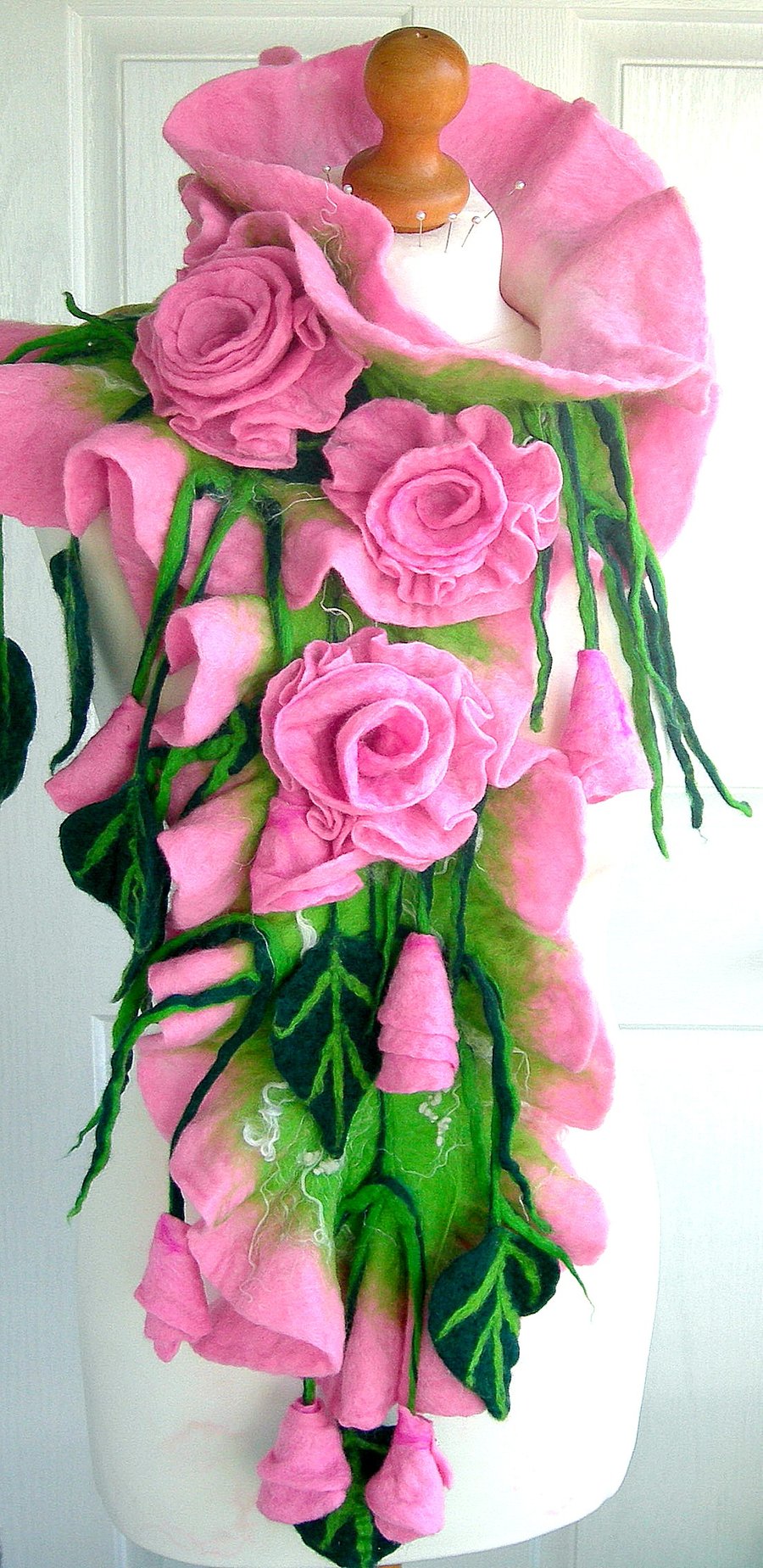 Hand Felted, Wool felted soft ART SCARF  -PINK ROSES-