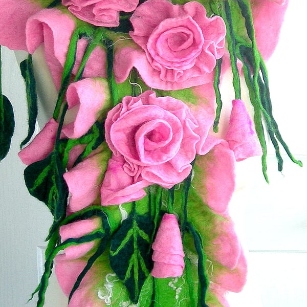 Hand Felted, Wool felted soft ART SCARF  -PINK ROSES-