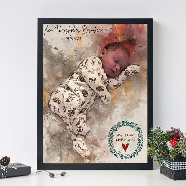 Babys First Christmas Photo, Personalised Painting from Photo, Custom Picture 