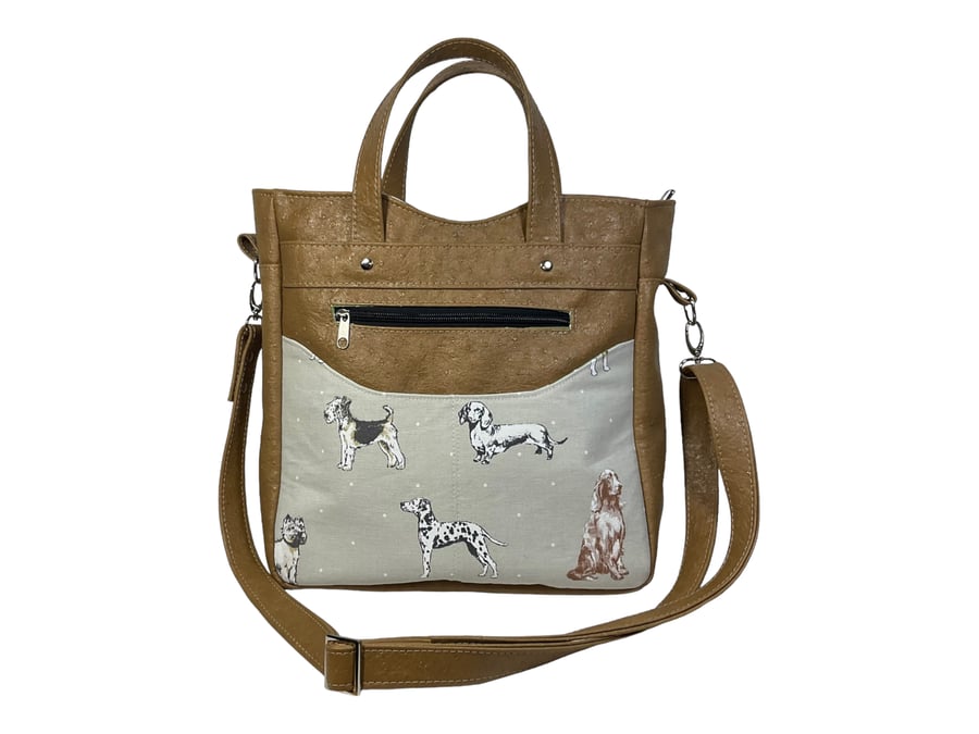 Handbag in faux leather and dog  print, pet dog lover vegan ladies gift, 