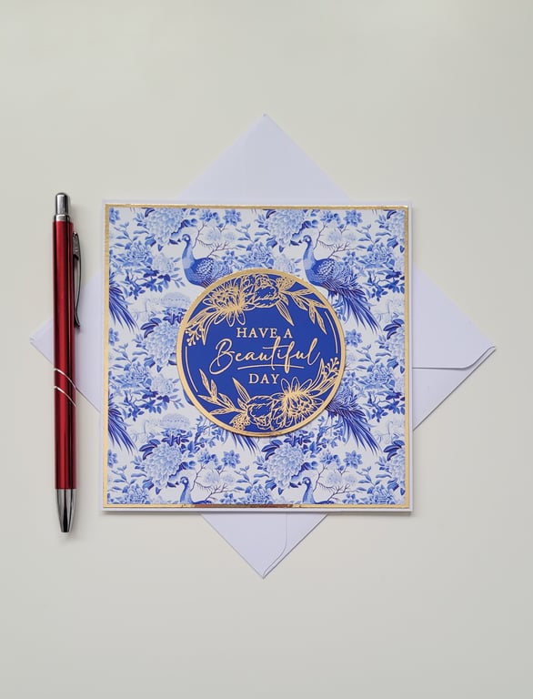 Any Occasion Card - Blue Floral Peacock, Elegant, Luxury Gold Foil Greeting Card