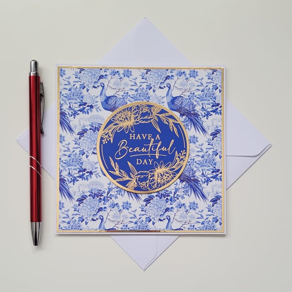 Any Occasion Card - Blue Floral Peacock, Elegant, Luxury Gold Foil Greeting Card