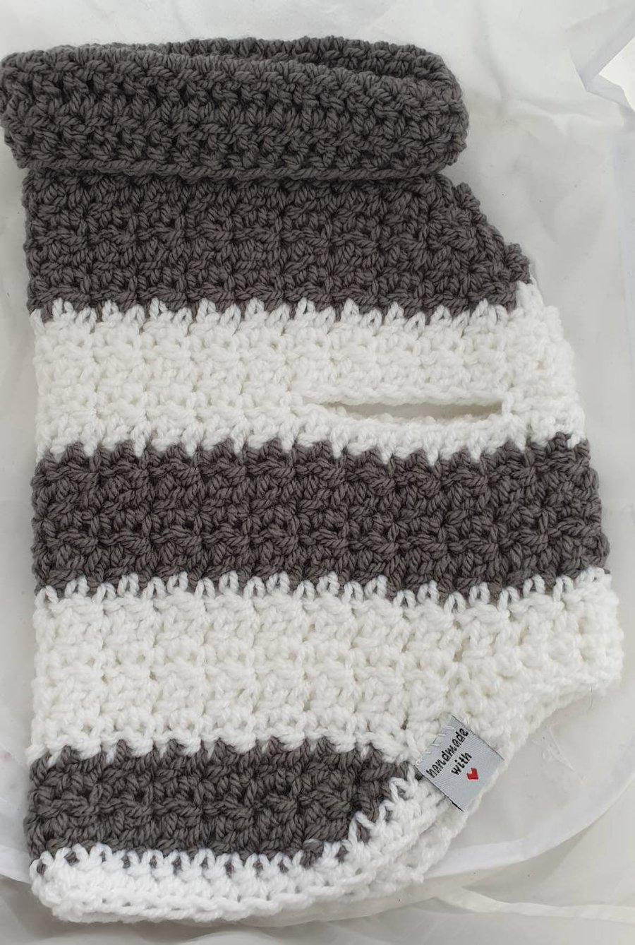 Grey and white chunky striped dog sweater, jumper for small dog or puppy