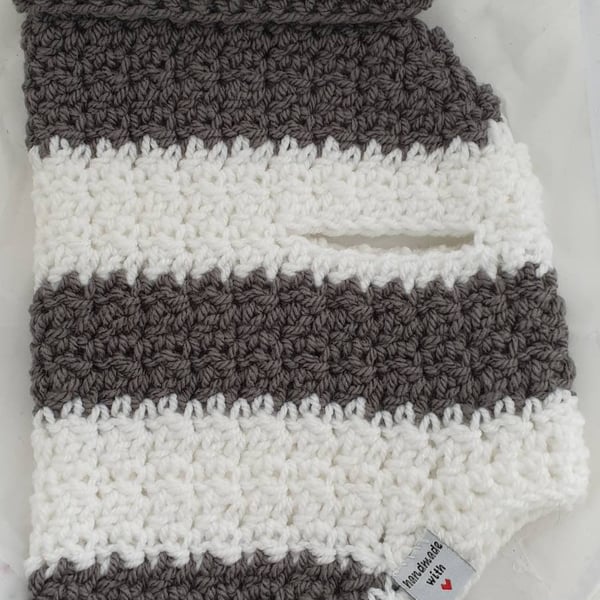 Grey and white chunky striped dog sweater, jumper for small dog or puppy