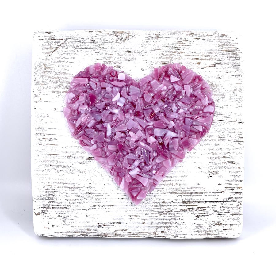Pink Crushed Glass Heart on Reclaimed Wood