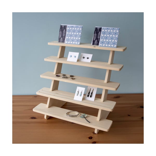 Space Saving 5 Tiered Display Stand with Reversible Grooved Shelving for Retail