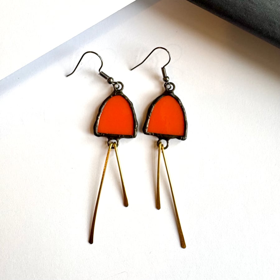 Statement Jewellery - persimmon orange stained glass dangles with hammered brass