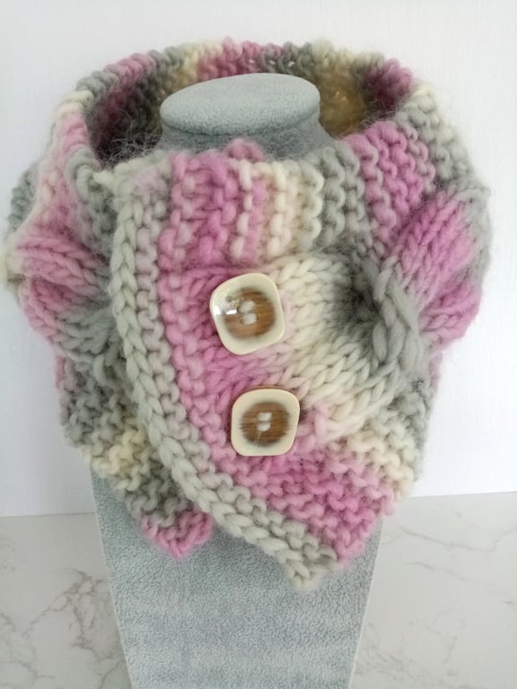 Cable Knit Neck Warmer in Misty Pink, Handmade Scarf, 100% Pure Wool Scarf