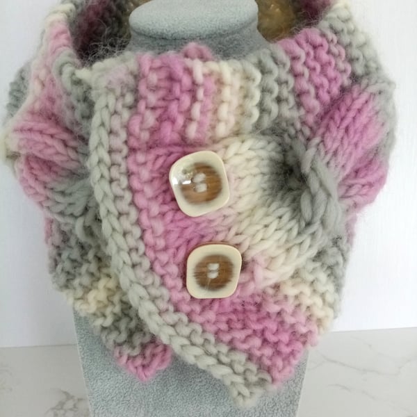 Cable Knit Neck Warmer in Misty Pink, Handmade Scarf, 100% Pure Wool Scarf