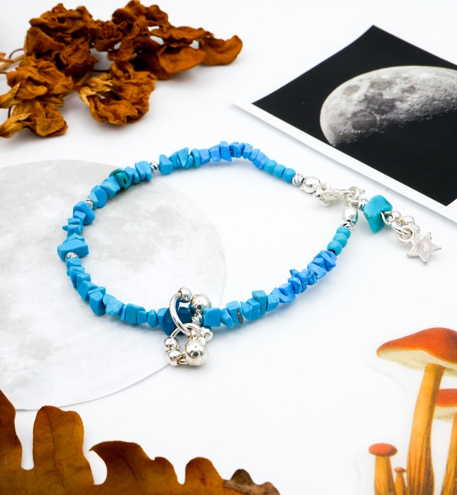Celestial Sterling Silver Turquoise Gemstone Beaded Bracelet 