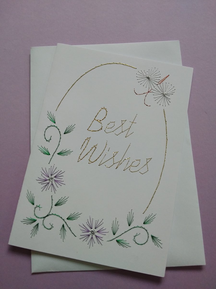 Hand Embroidered Best Wishes Greetings Card.