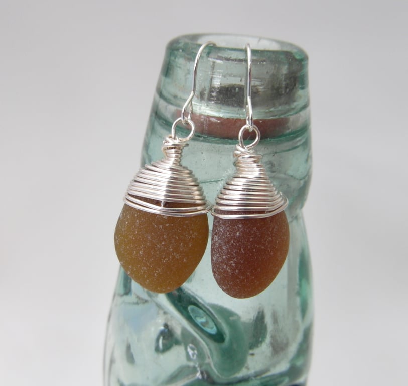 Cornish Mermaid Tear Earrings in Dark Amber, Sterling Silver E474