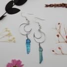 Sterling silver wire crescent moon dangle earrings with blue quartz crystals