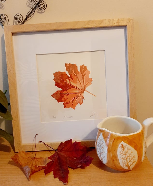 Original handmade reduction  linoprint of a sycamore leaf. Limited edition of 10