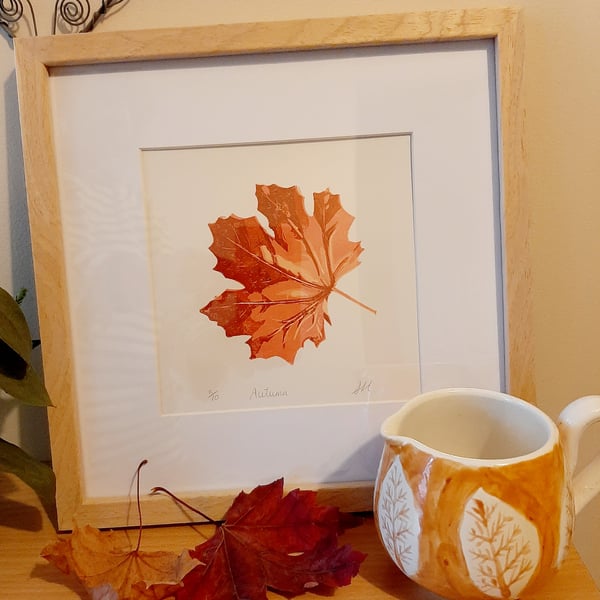 Original handmade reduction  linoprint of a sycamore leaf. Limited edition of 10