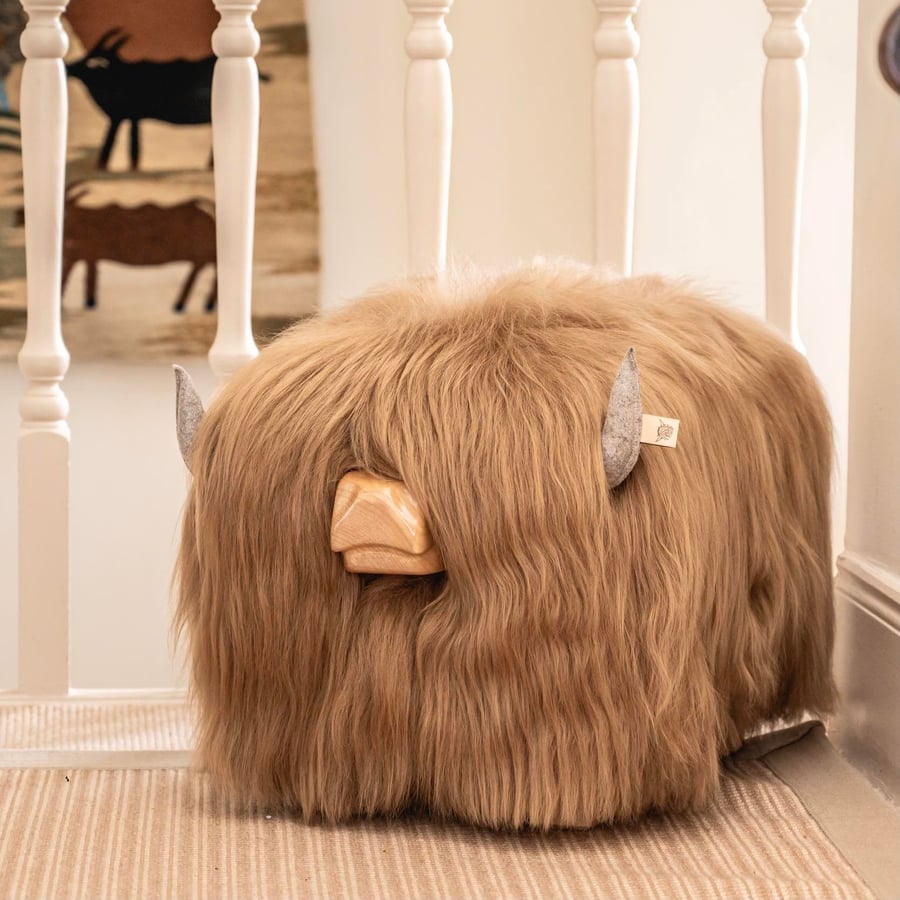 Fluffy Highland Cow Footstool - Butterscotch