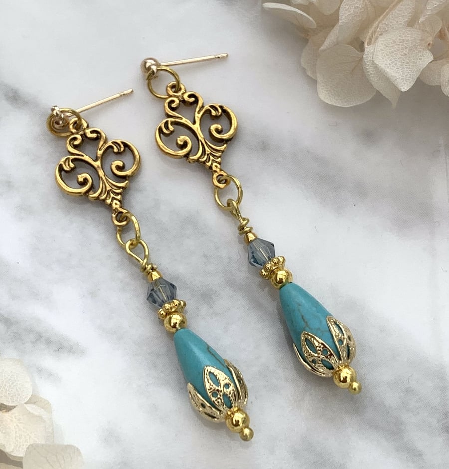 Vintage Style Turquoise and Gold Teardrop Earrings