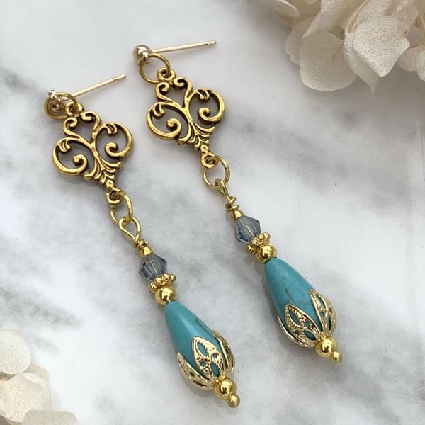 Vintage Style Turquoise and Gold Teardrop Earrings