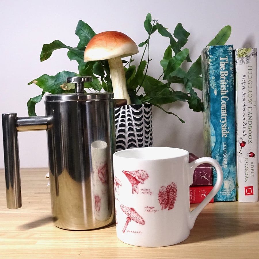 Edible Mushrooms Illustrated Fine Bone China Mug - Dark Red