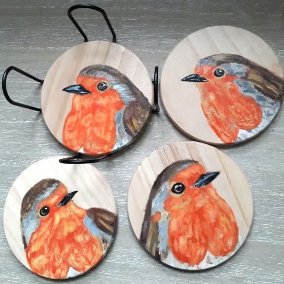 "Robins" original handpainted wooden coasters, set of 4 with holder