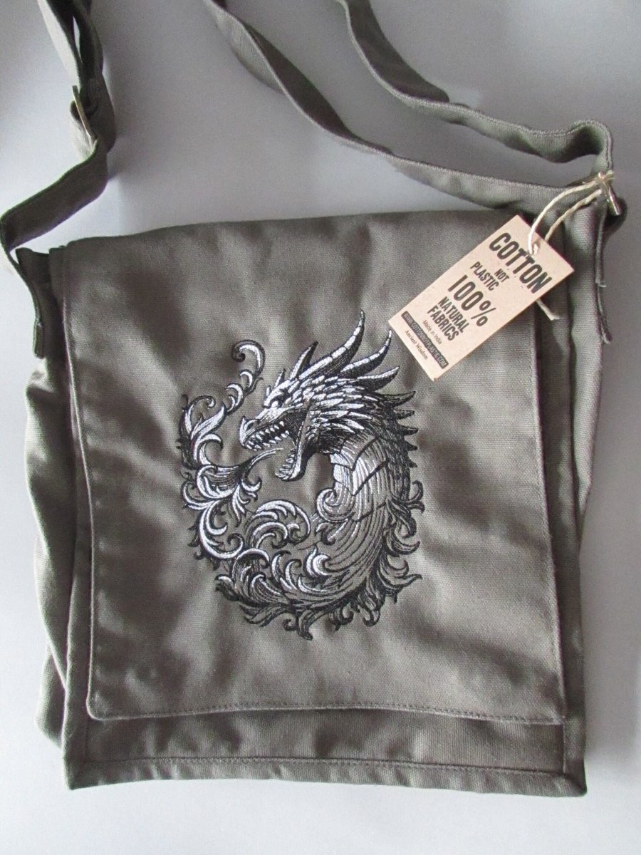 Embroidered Dragon Design Eco Cotton Canvas Bag