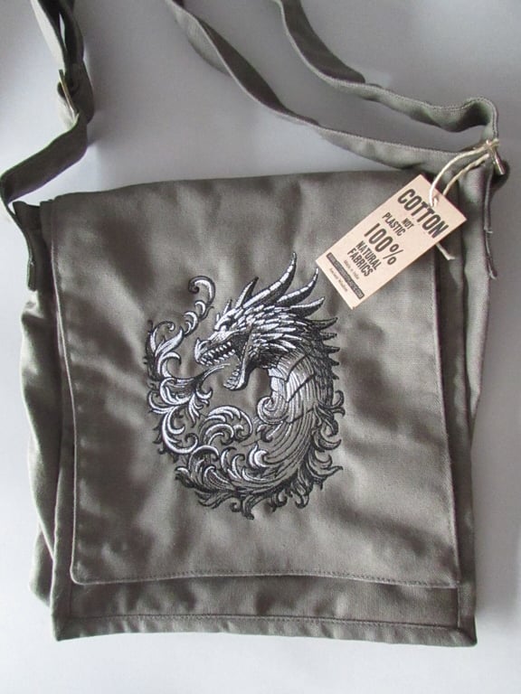 Embroidered Dragon Design Eco Cotton Canvas Bag