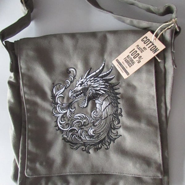 Embroidered Dragon Design Eco Cotton Canvas Bag