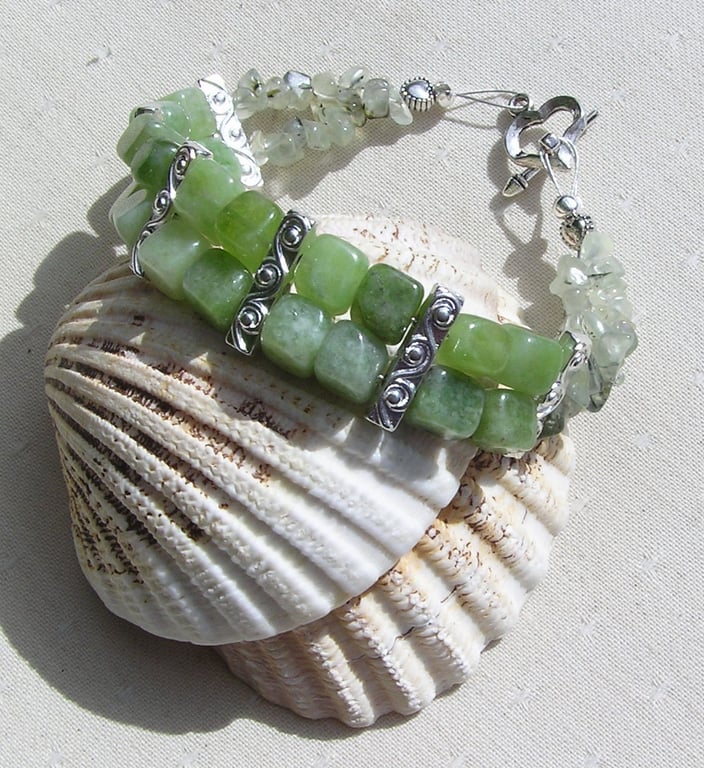 Peridot & Green Prehnite Crystal Gemstone Beaded Bracelet "Forest Knight"