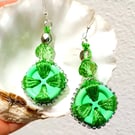 Pistachio Green Wooden Button & Crystal Earrings