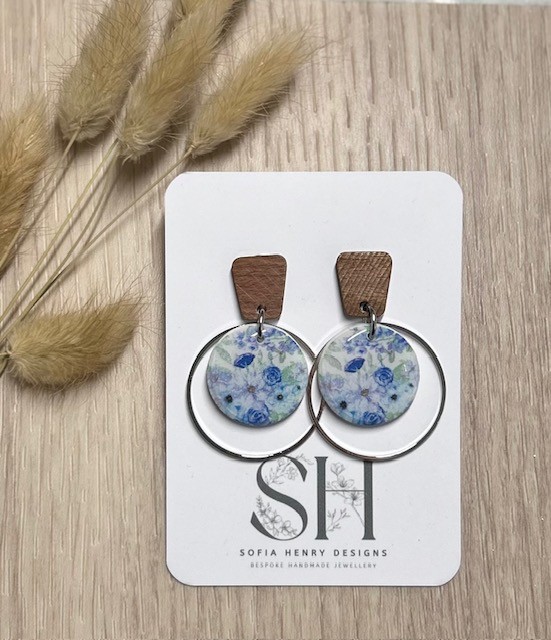 Handcrafted Floral Print Round Dangle Earrings with Walnut Stud (large)