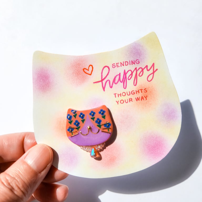 Hand-painted Cat Brooch with hand-coloured card