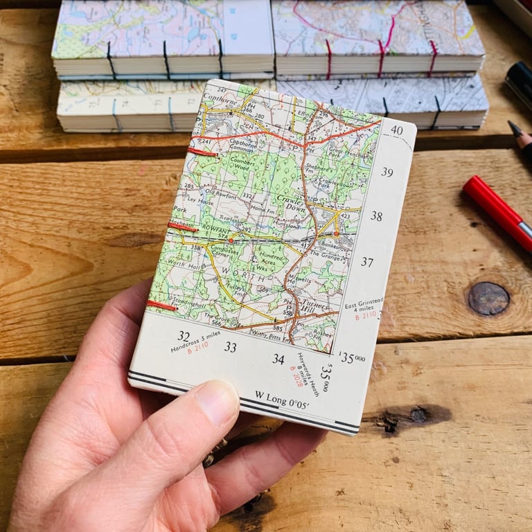A7 Pocket Sketchbook with Recycled Map Covers and Mixed-Media Pages. Surrey