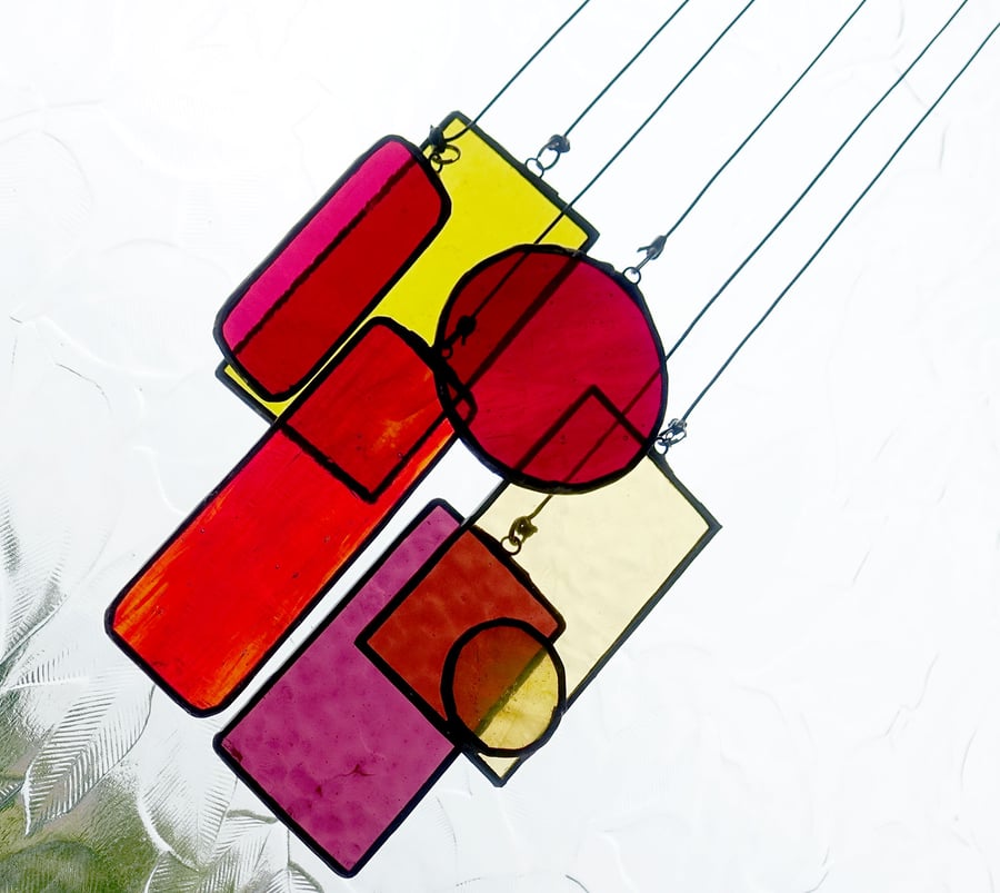 Geometric Retro shapes  in Stained Glass.  Hanging Suncatcher Window Ornament