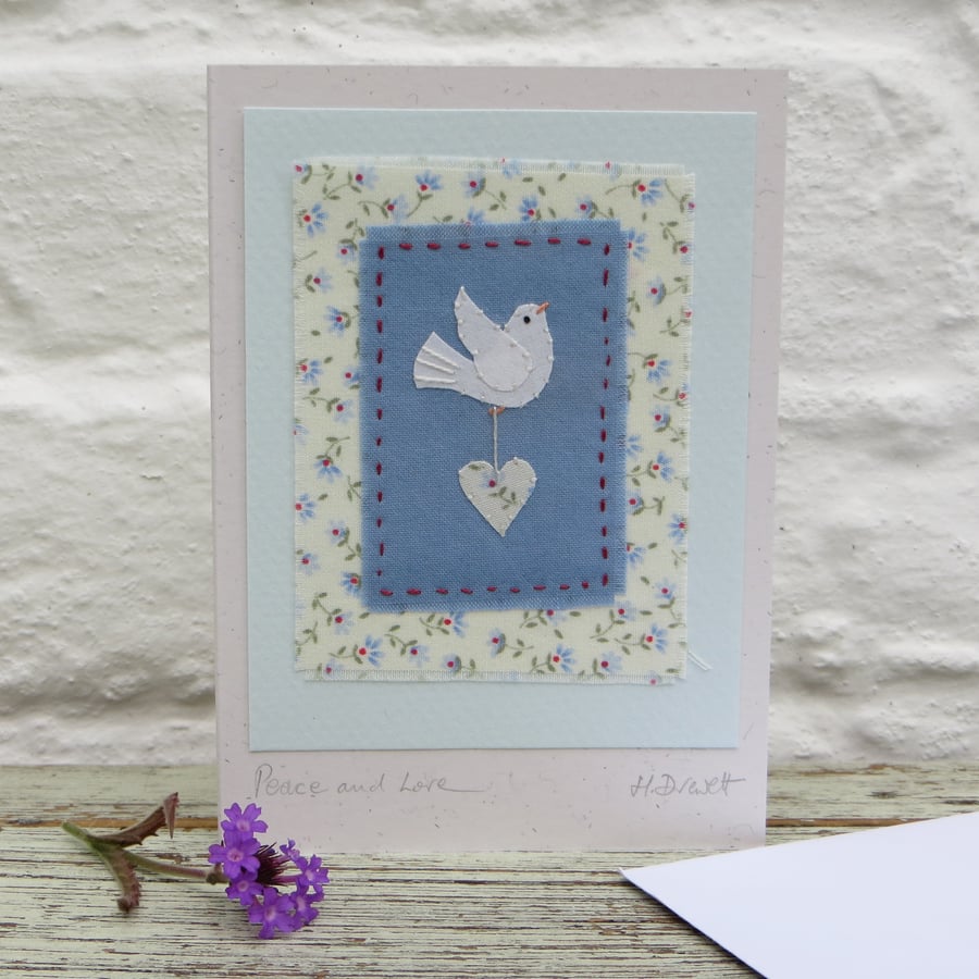 Peace and Love hand-stitched miniature textile on card - new baby? 