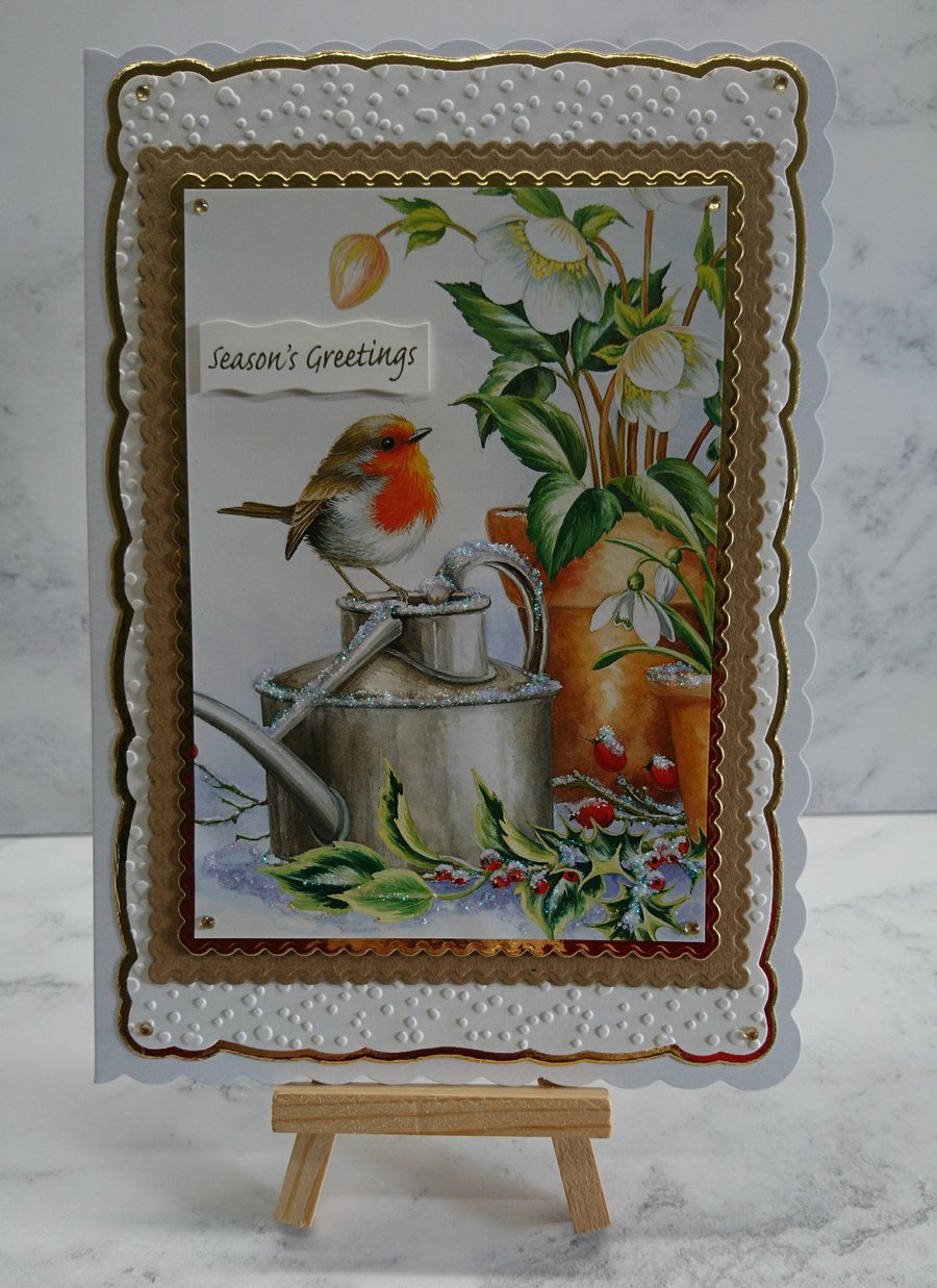 Handmade Christmas Card Season's Greetings Robin Garden Watering Can