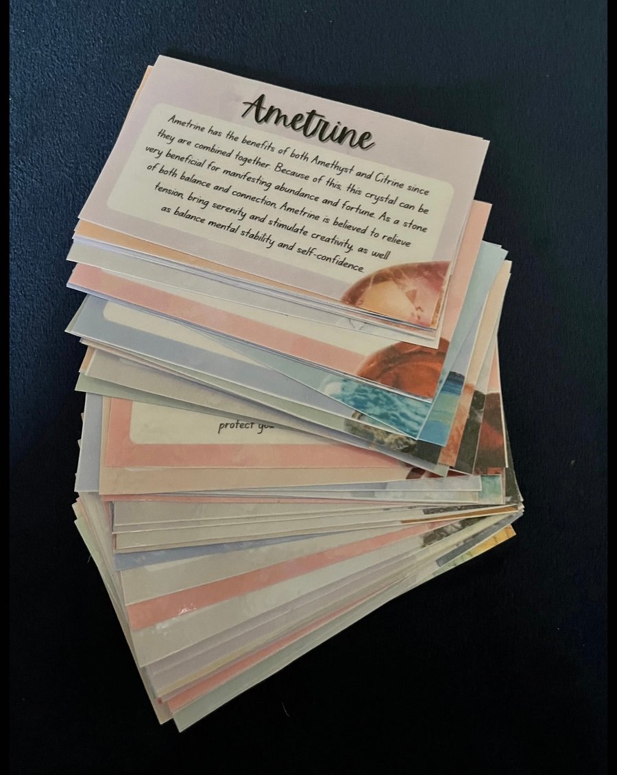 Laminated crystal description cards ideal for sellers