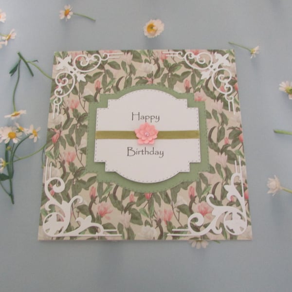 Birthday Card Pink White & Green Floral 3d Effect