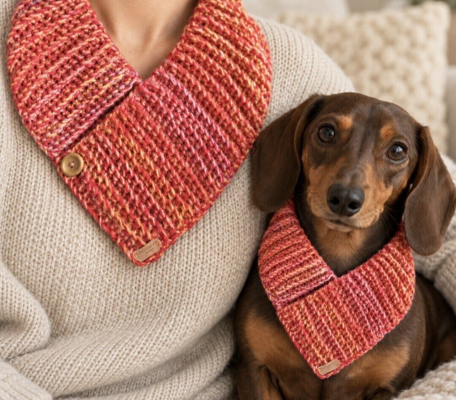 Image of Matching Woman and Dog Snood Set – Handmade Coral Crochet Cowls