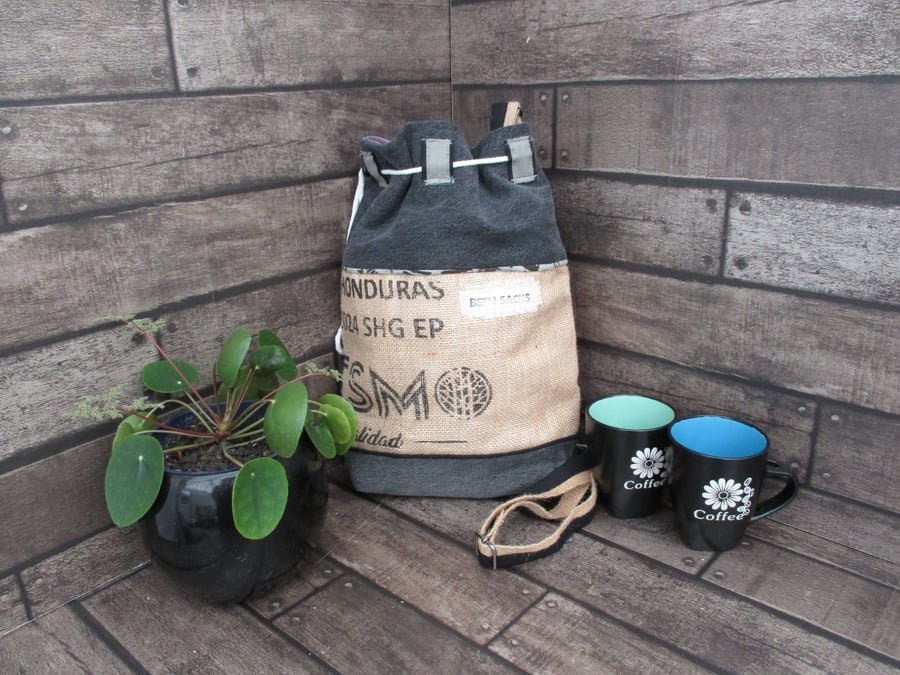 Upcycled Coffee Sack -  Bucket Bag - Grey Denim