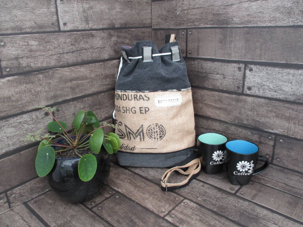 Upcycled Coffee Sack -  Bucket Bag - Grey Denim