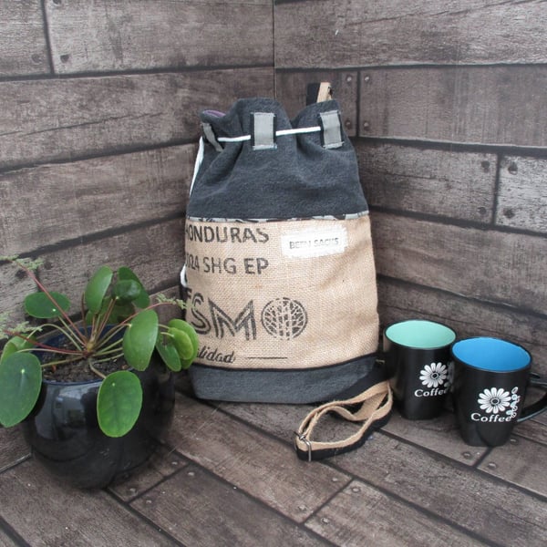 Upcycled Coffee Sack -  Bucket Bag - Grey Denim