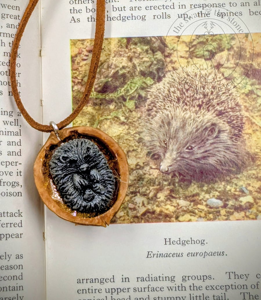 Handmade Hedgehog Wildlife Pendant - Cast in Silver Resin, Polished Walnut Shell
